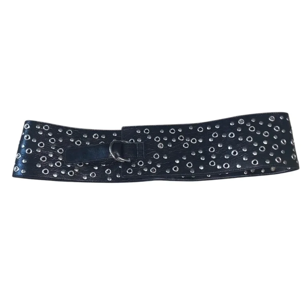 Holy Mama Black Wide Studded Grommet Waist Belt Silver D-Ring Buckle 35